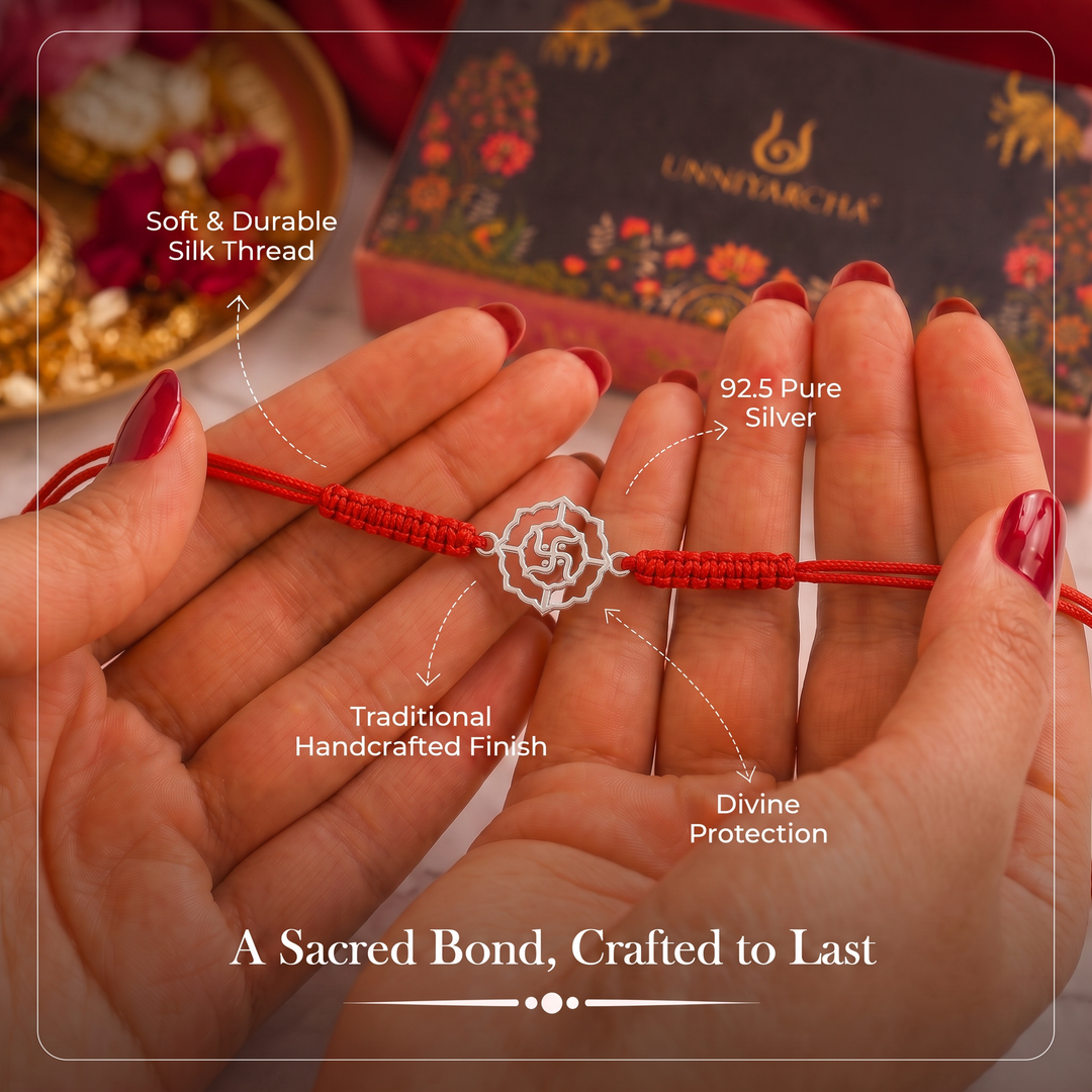 Unniyarcha 925 Pure Silver Swastik Rakhi with Chandan Tilak set