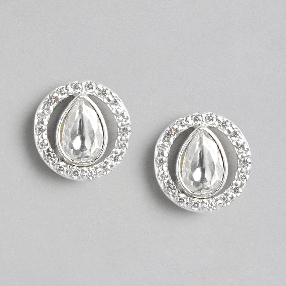 92.5 Silver Girdle White Kundan Stud Earrings