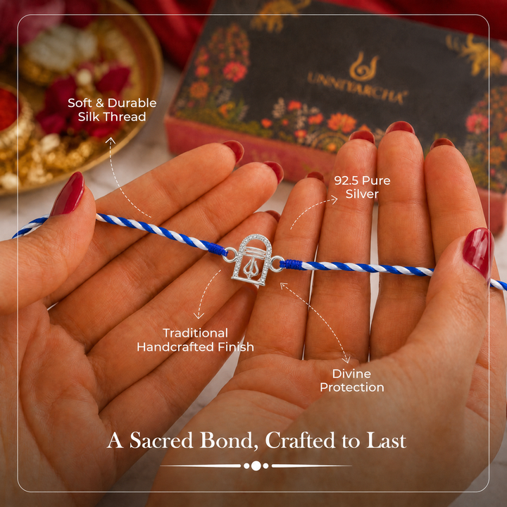 Pure 92.5 Silver Trishul Rakhi with Chandan Tilak Set