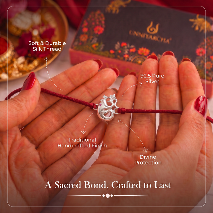 Pure 92.5 Silver Om Ganpati Rakhi with Chandan Tilak Set