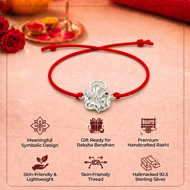 Pure 92.5 Sterling Silver Ganpati Rakhi with Chandan Tilak Set
