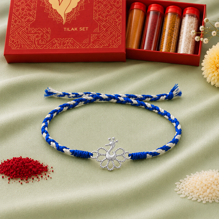 Pure 92.5 Mayur (Peacock) Silver Rakhi with Chandan Tilak Set