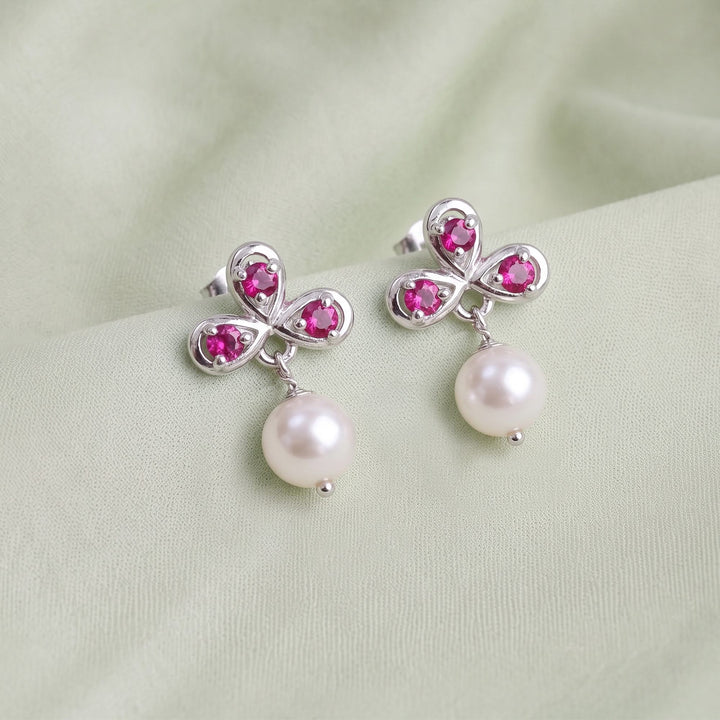 Silver Ruby Pearl Drop Earrings