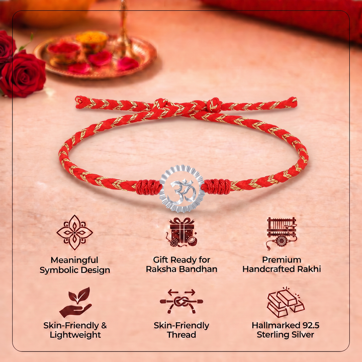 Unniyarcha 925 Pure Silver Om and Surya Rakhi with Chandan Tilak set