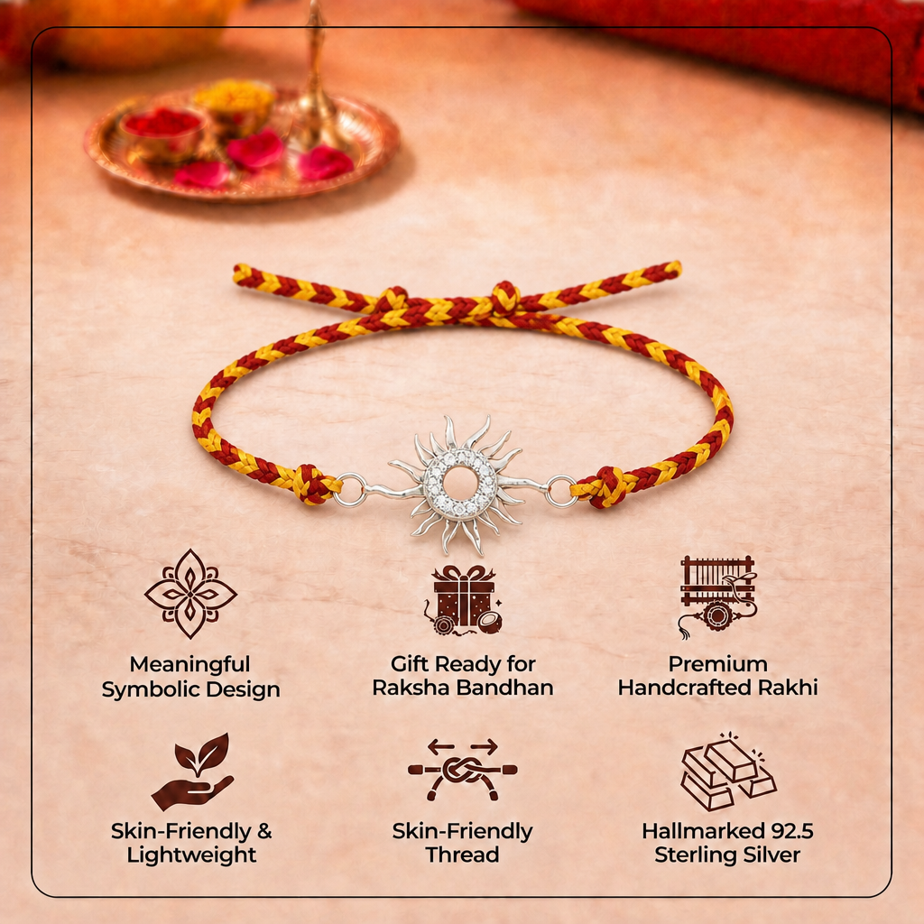 Pure 92.5 Silver Sun Rakhi with Chandan Tilak Set