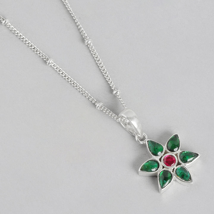 92.5 Silver Green Kundan Flower Necklace