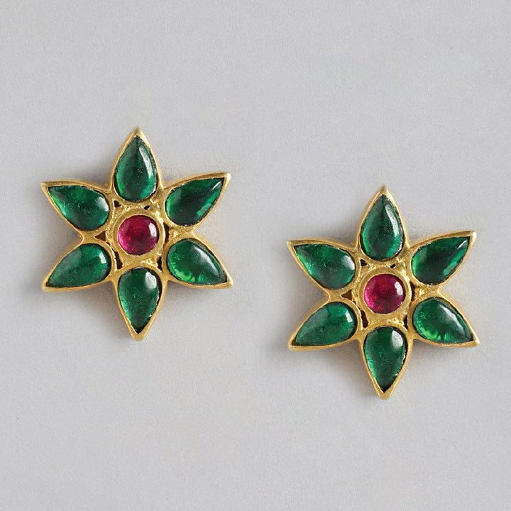 92.5 Silver Green Kundan Flower Stud Earrings