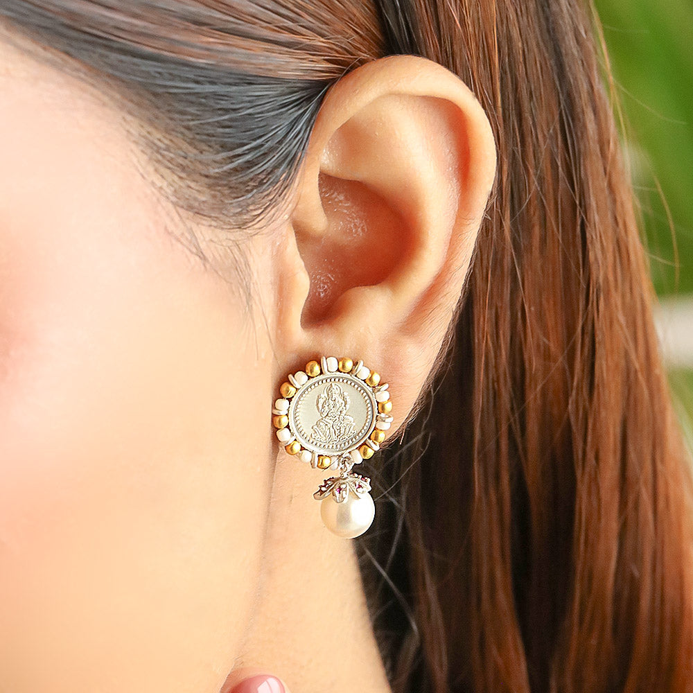 Silver Lakshmi Gold Plated Coin Earring