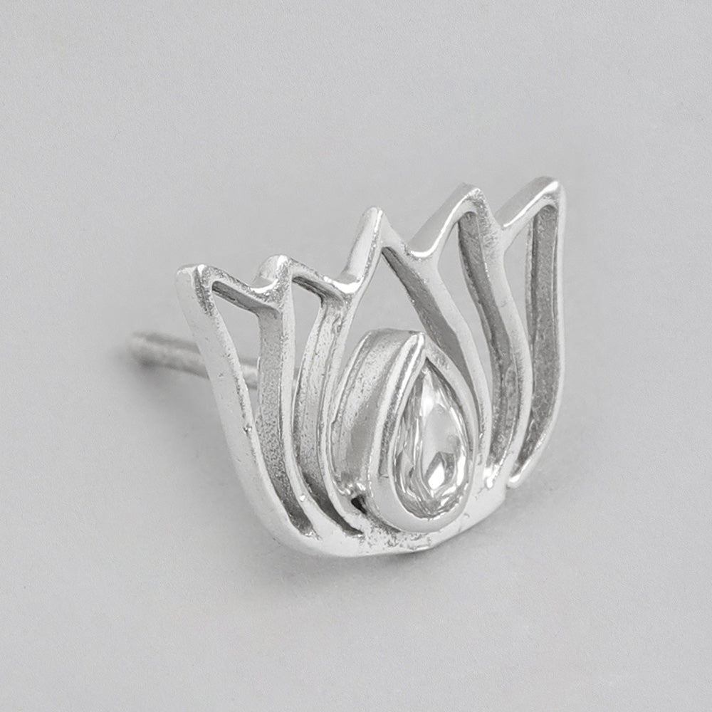 92.5 Silver White Kundan Sacred Lotus Stud Earrings