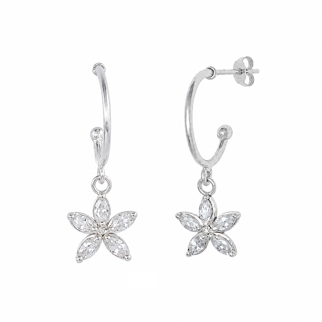 925 Sterling Silver Lightweight Floral Charm Hoop Earrings