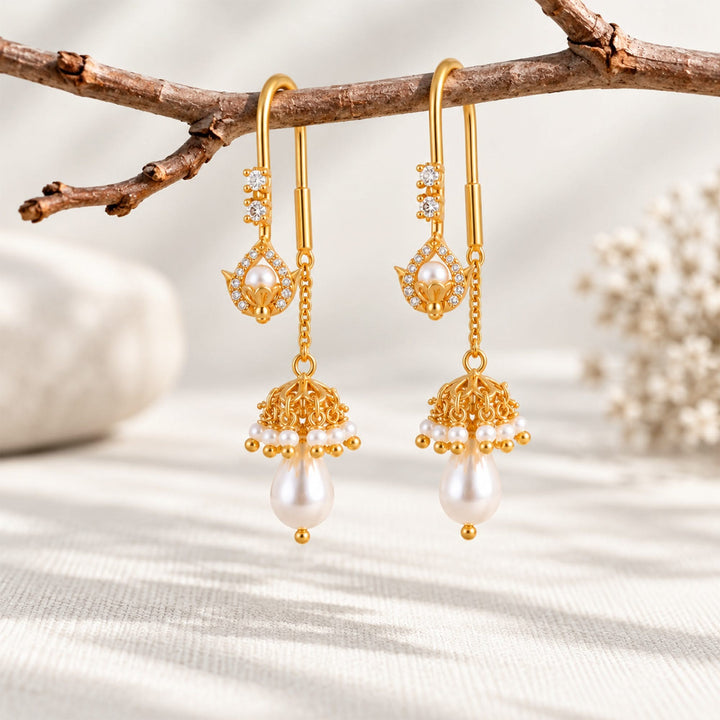 Silver 925 Pearl Jhumki Sui Dhaga Earrings