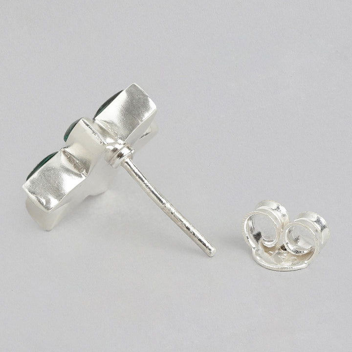 92.5 Silver Green Kundan Flower Stud Earrings