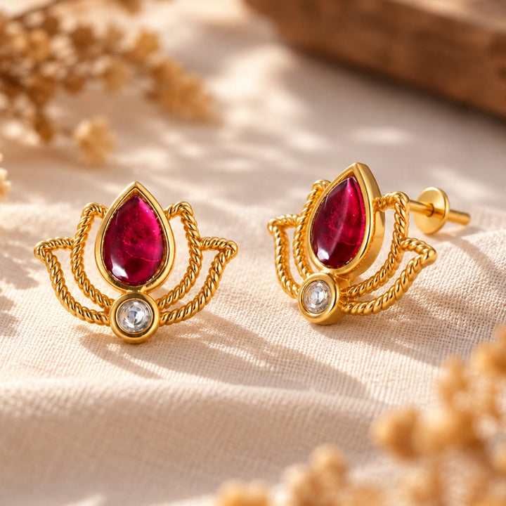 Silver 925 Ruby Lotus Kundan Stud Earrings