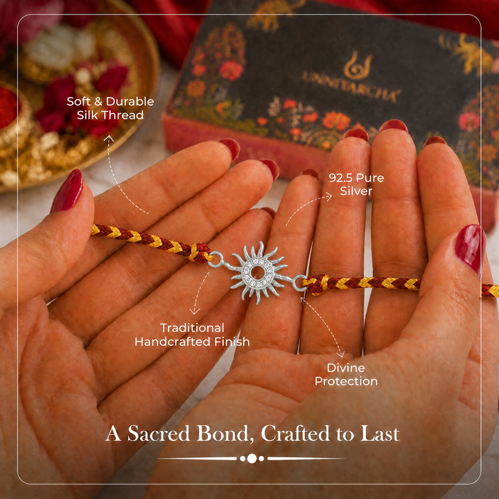 Pure 92.5 Silver Sun Rakhi with Chandan Tilak Set