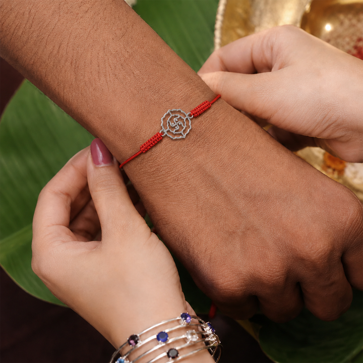 Unniyarcha 925 Pure Silver Swastik Rakhi with Chandan Tilak set