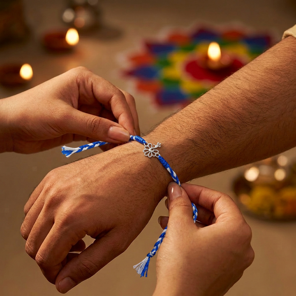 Pure 92.5 Mayur (Peacock) Silver Rakhi with Chandan Tilak Set