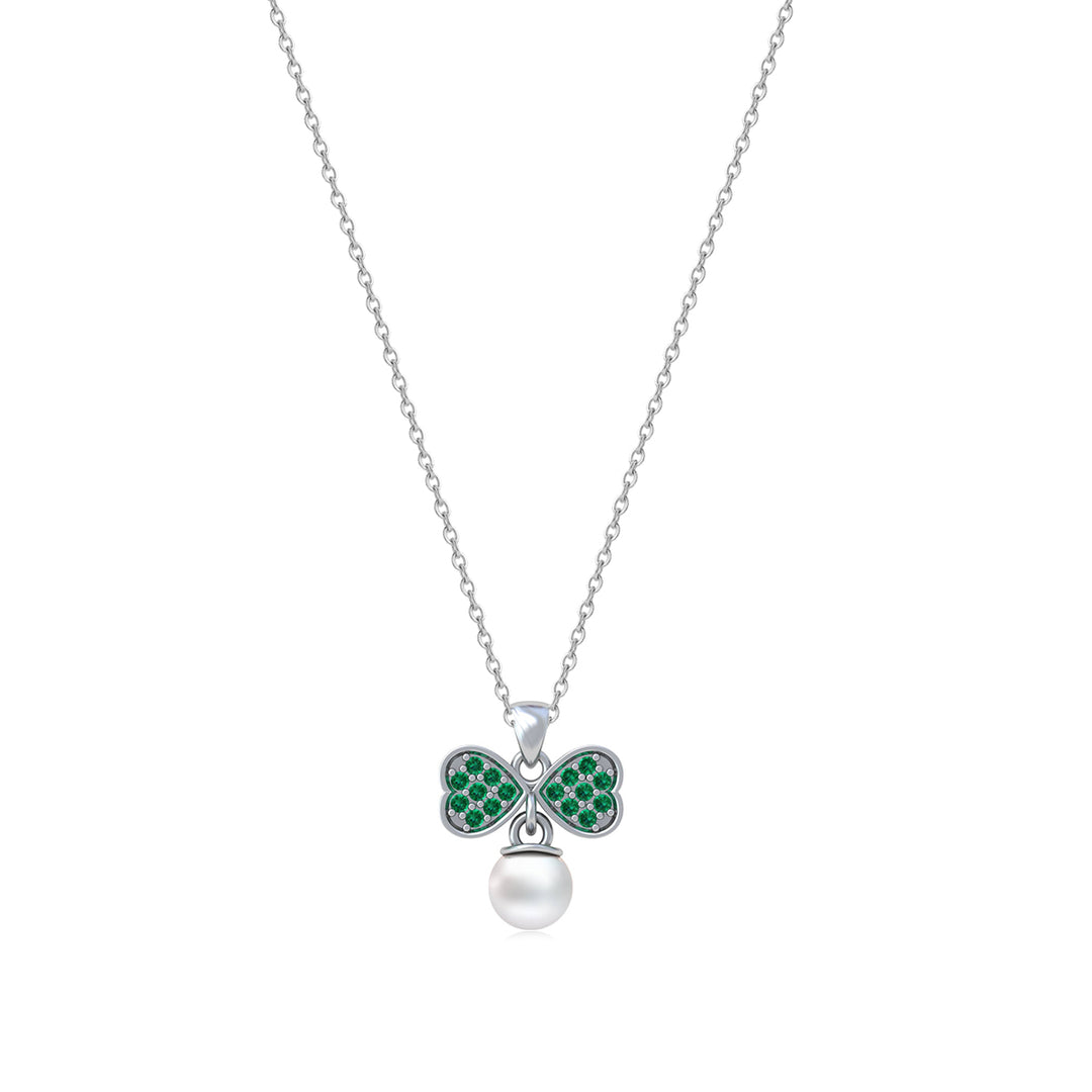 Silver Emerald Bow Pearl Necklace