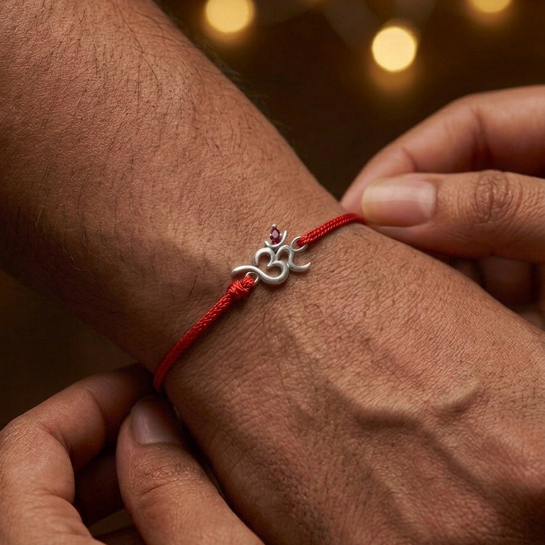 Pure 92.5 Om Silver Rakhi with Chandan Tilak Set