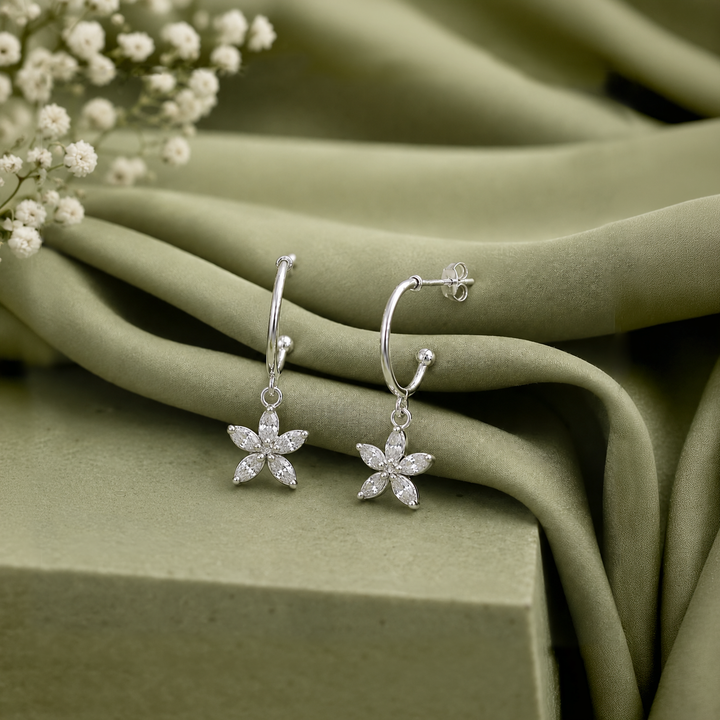 925 Sterling Silver Lightweight Floral Charm Hoop Earrings