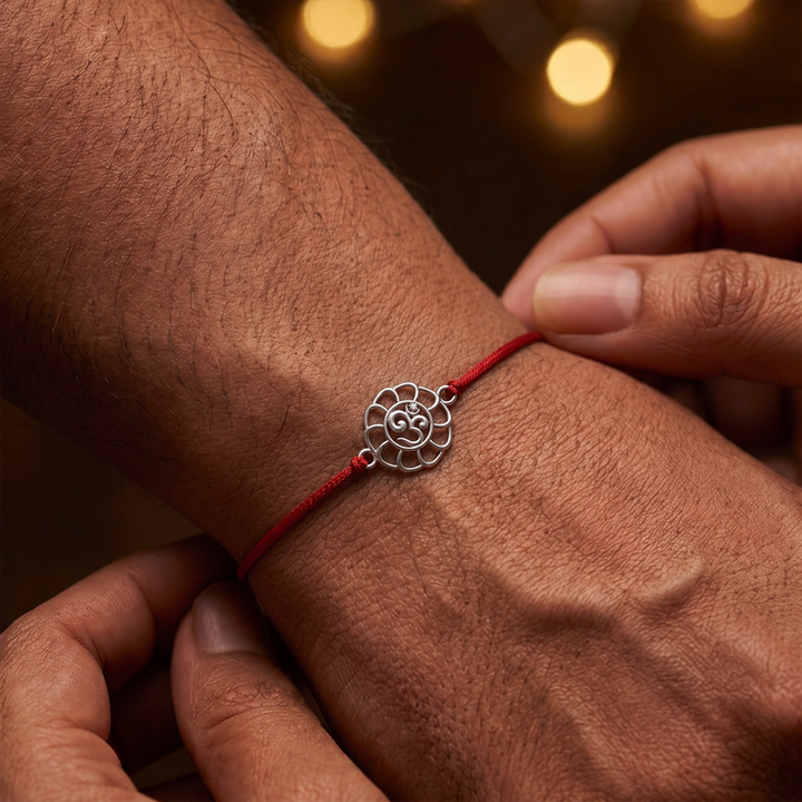 Pure 92.5 Floral Om Silver Rakhi with Chandan Tilak Set