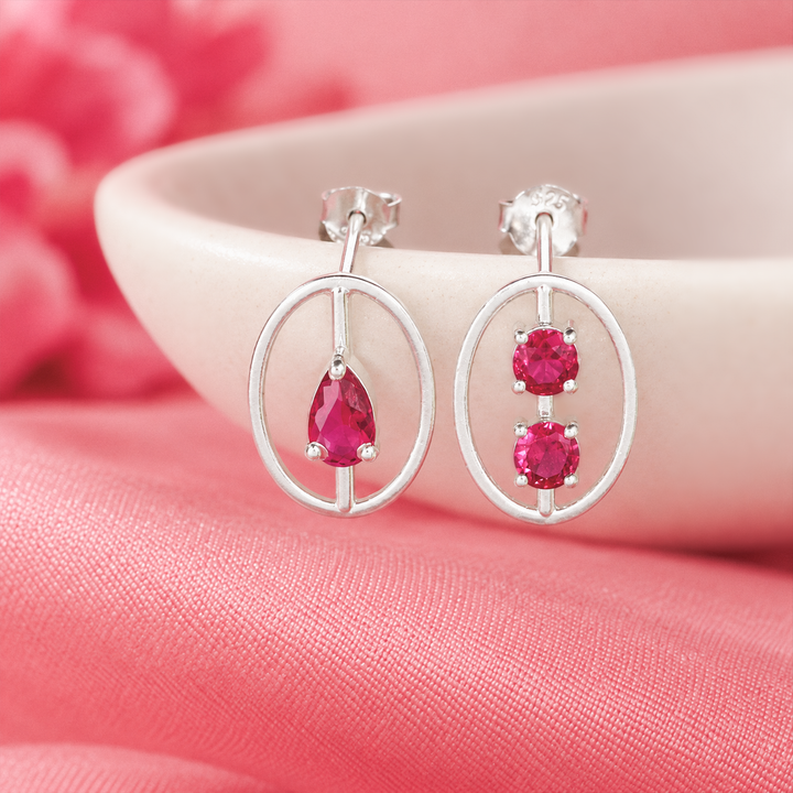 925 Silver Dual Motif Ruby Drop Earrings