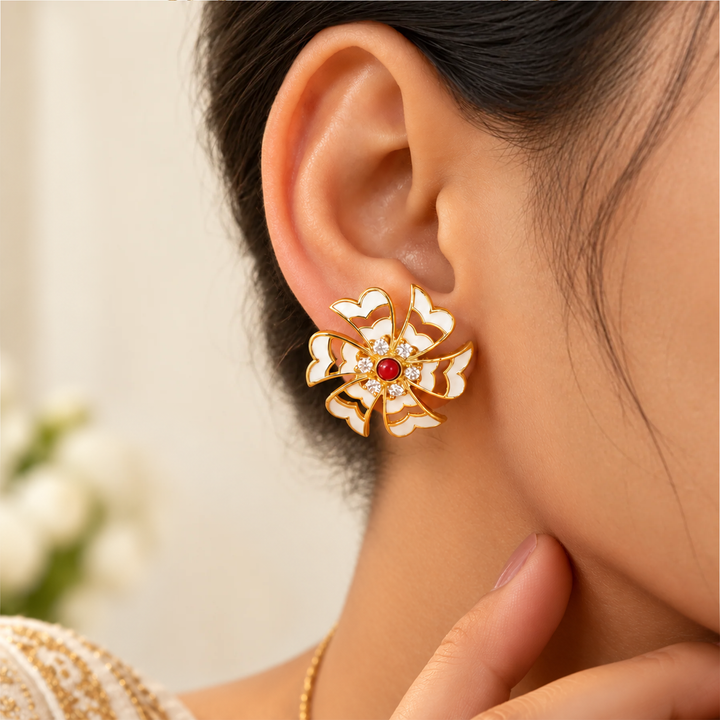 925 Silver Shiuli White Enamel Flower Stud Earrings