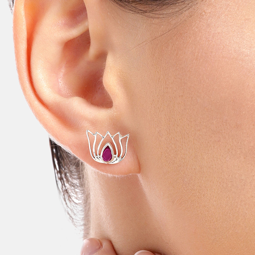 92.5 Silver Red Kundan Sacred Lotus Stud Earrings