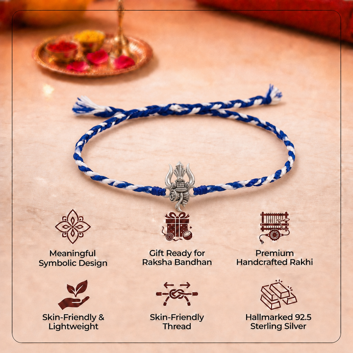 Trishul Om Rakhi in 925 Silver with Chandan Tilak Set with Chandan Tilak set