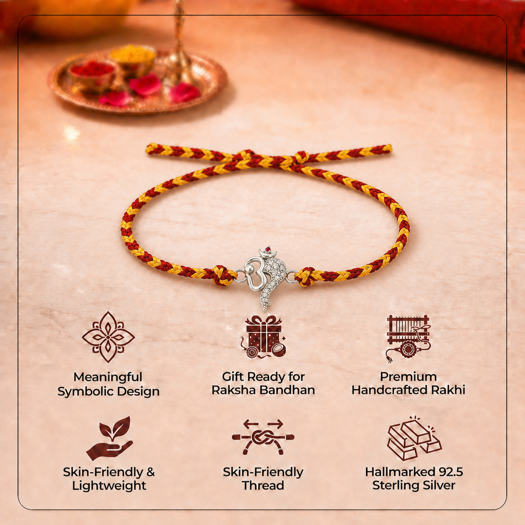 Pure 92.5 Silver Om with Ganesha Trunk Rakhi with Chandan Tilak Set