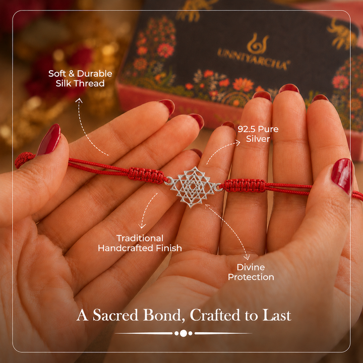 Unniyarcha 925 pure silver Laxmi Yantra Rakhi with Chandan Tilak set