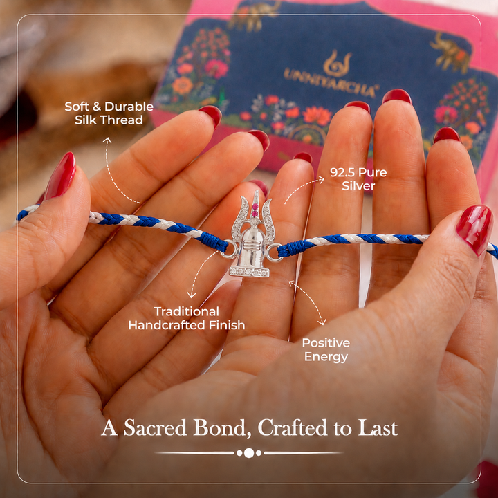 Pure 92.5 Silver Shivling Trishul Rakhi with Chandan Tilak Set