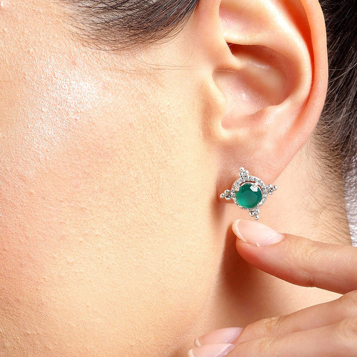 92.5 Silver Green Kundan Chakra Stud Earrings
