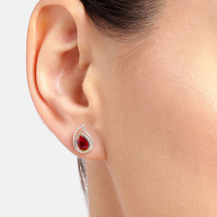 92.5 Silver Red Kundan Drop Earrings