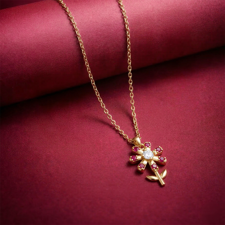 Pure Silver 24kt Gold Plated Ruby Flower Pendant Necklace