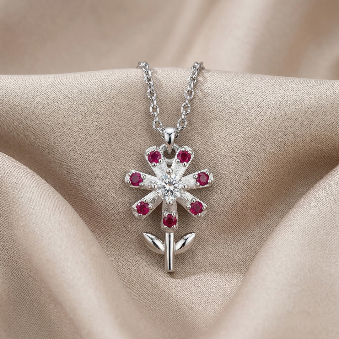 Pure Silver 24kt Gold Plated Ruby Flower Pendant Necklace
