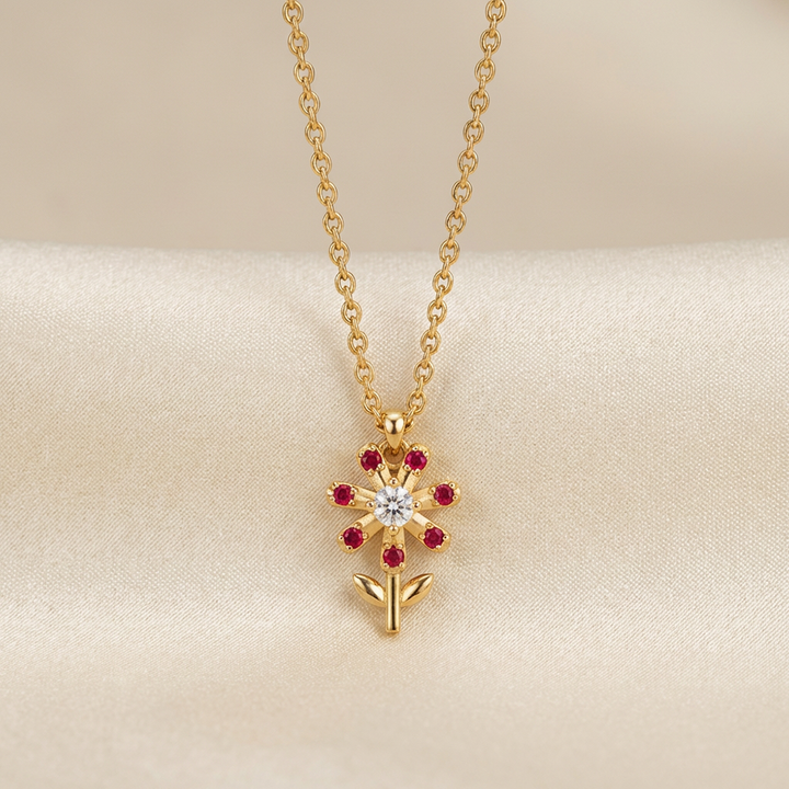 Pure Silver 24kt Gold Plated Ruby Flower Pendant Necklace