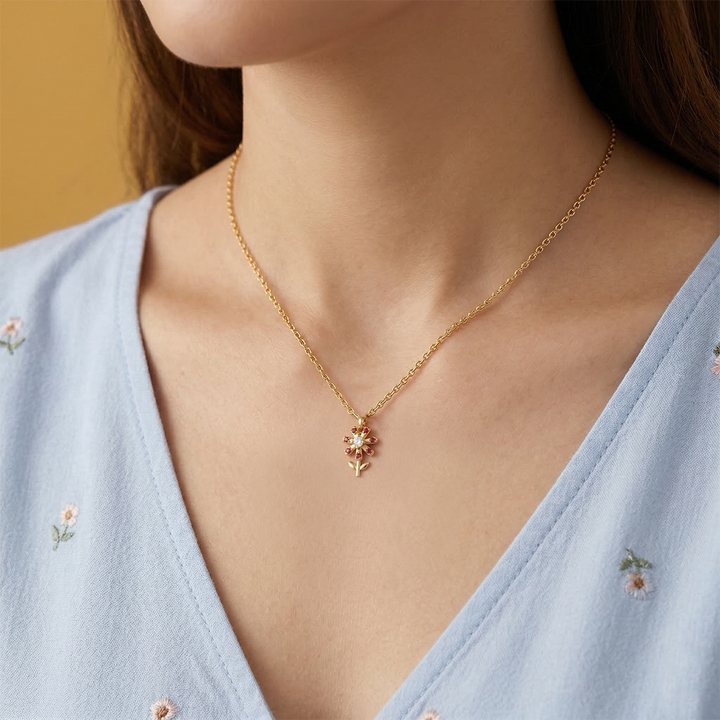 Pure Silver 24kt Gold Plated Ruby Flower Pendant Necklace