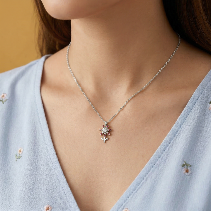 Pure Silver 24kt Gold Plated Ruby Flower Pendant Necklace