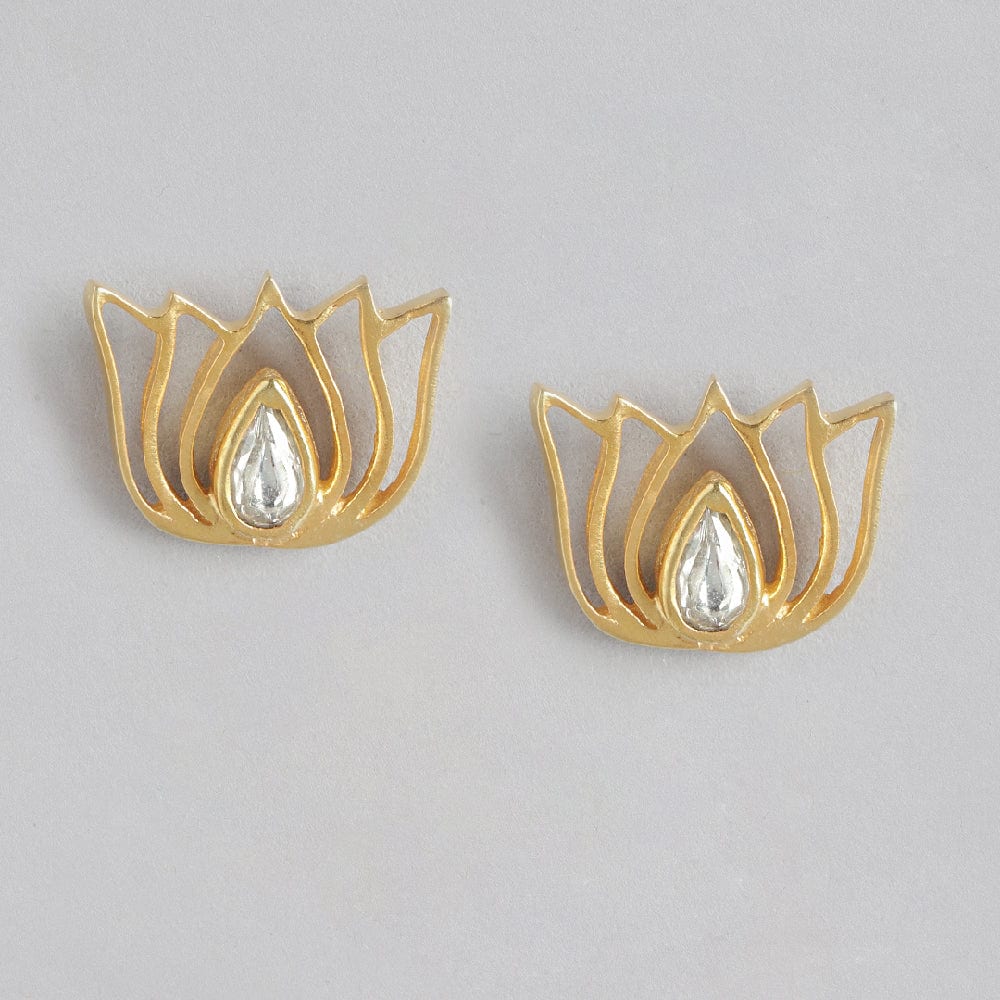 92.5 Silver White Kundan Sacred Lotus Stud Earrings