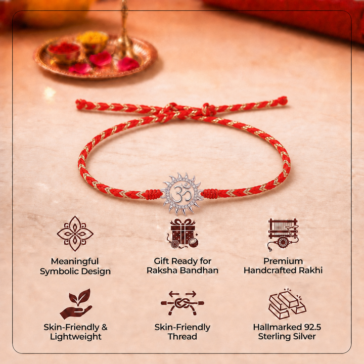 Pure 92.5 Traditional Om Silver Rakhi with Chandan Tilak Set