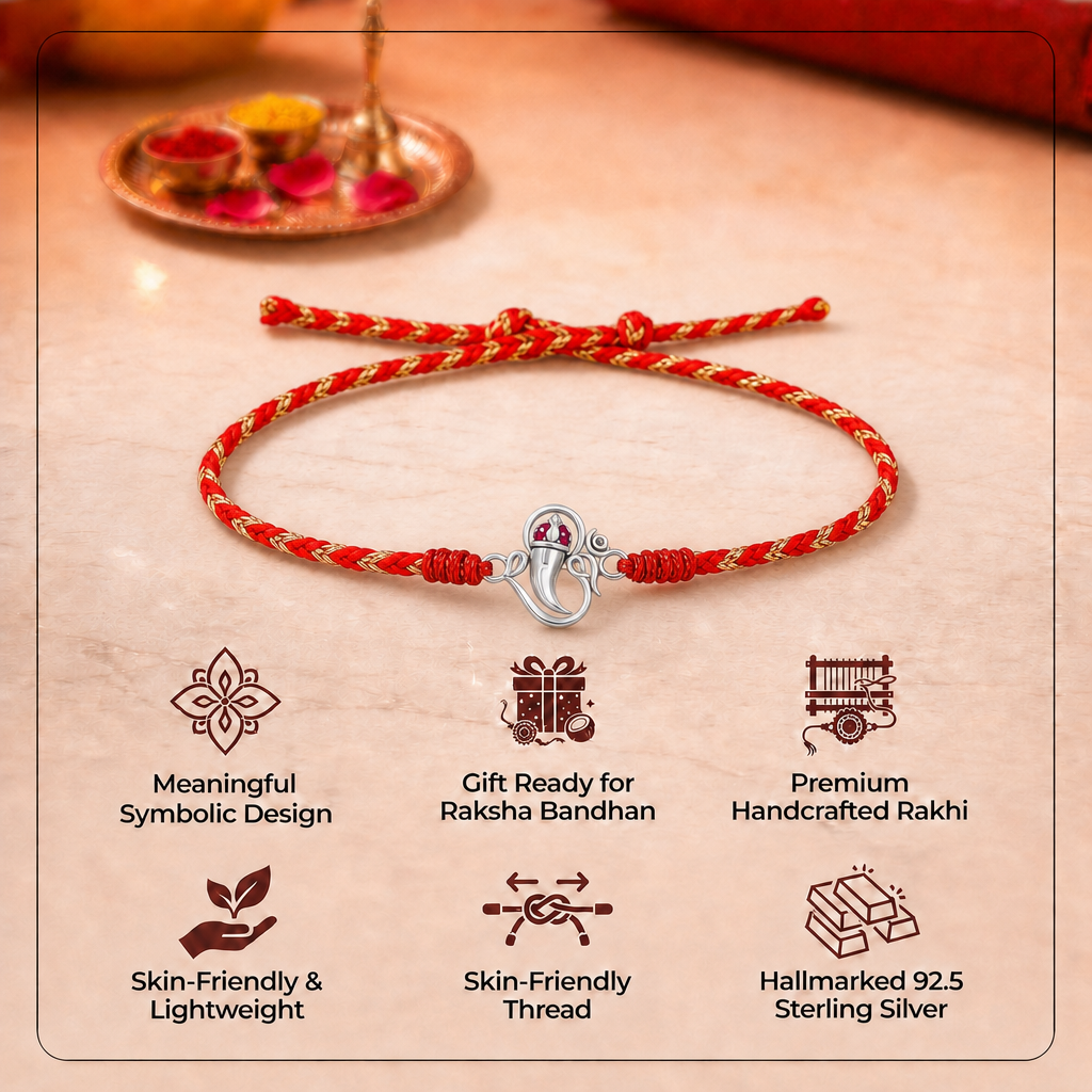 Pure 92.5 Ganesh & Om Silver Rakhi with Chandan Tilak Set