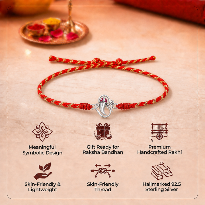 Pure 92.5 Ganesh & Om Silver Rakhi with Chandan Tilak Set
