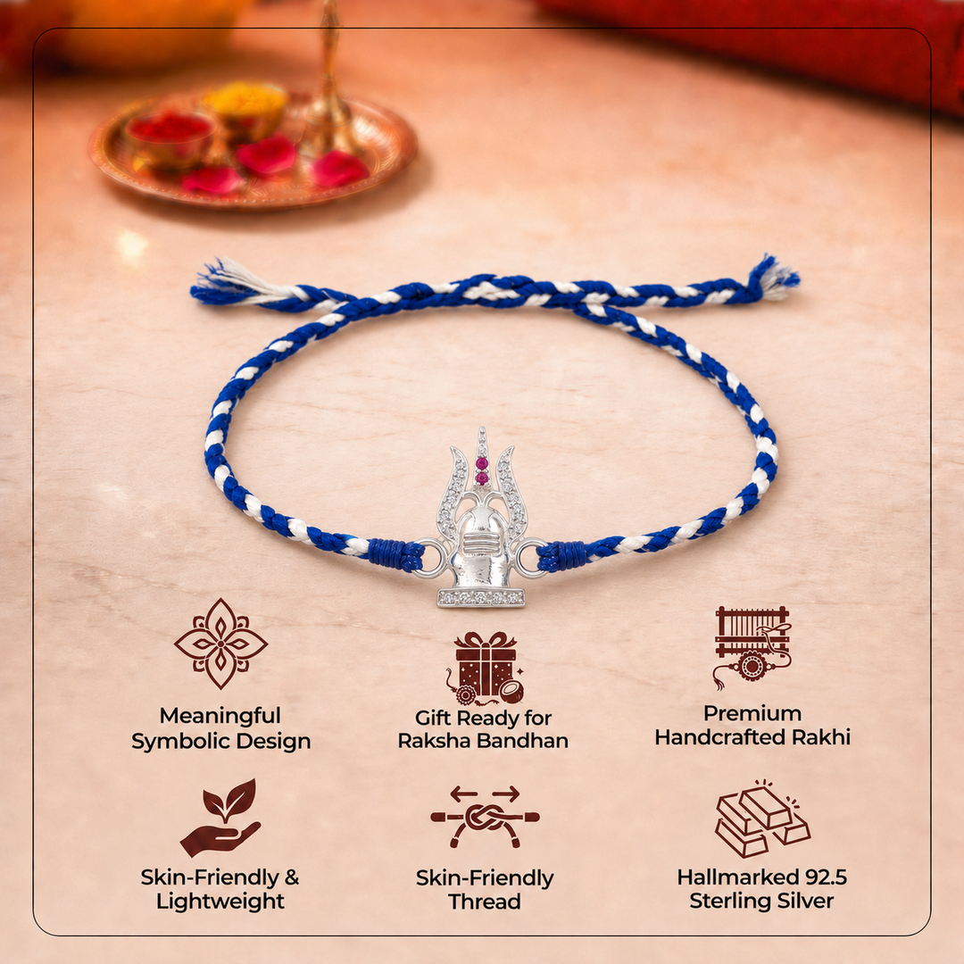 Pure 92.5 Silver Shivling Trishul Rakhi with Chandan Tilak Set