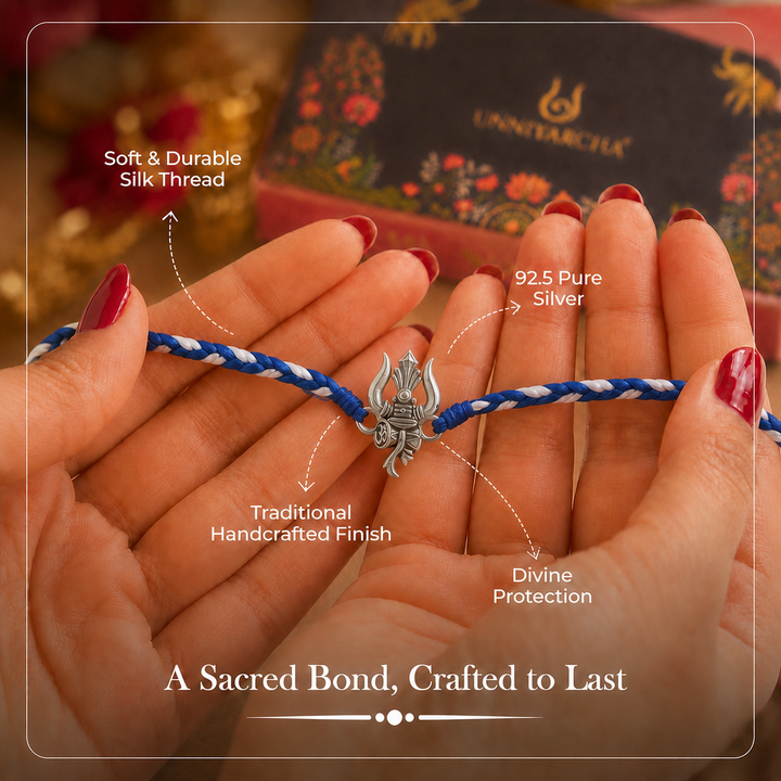 Trishul Om Rakhi in 925 Silver with Chandan Tilak Set with Chandan Tilak set