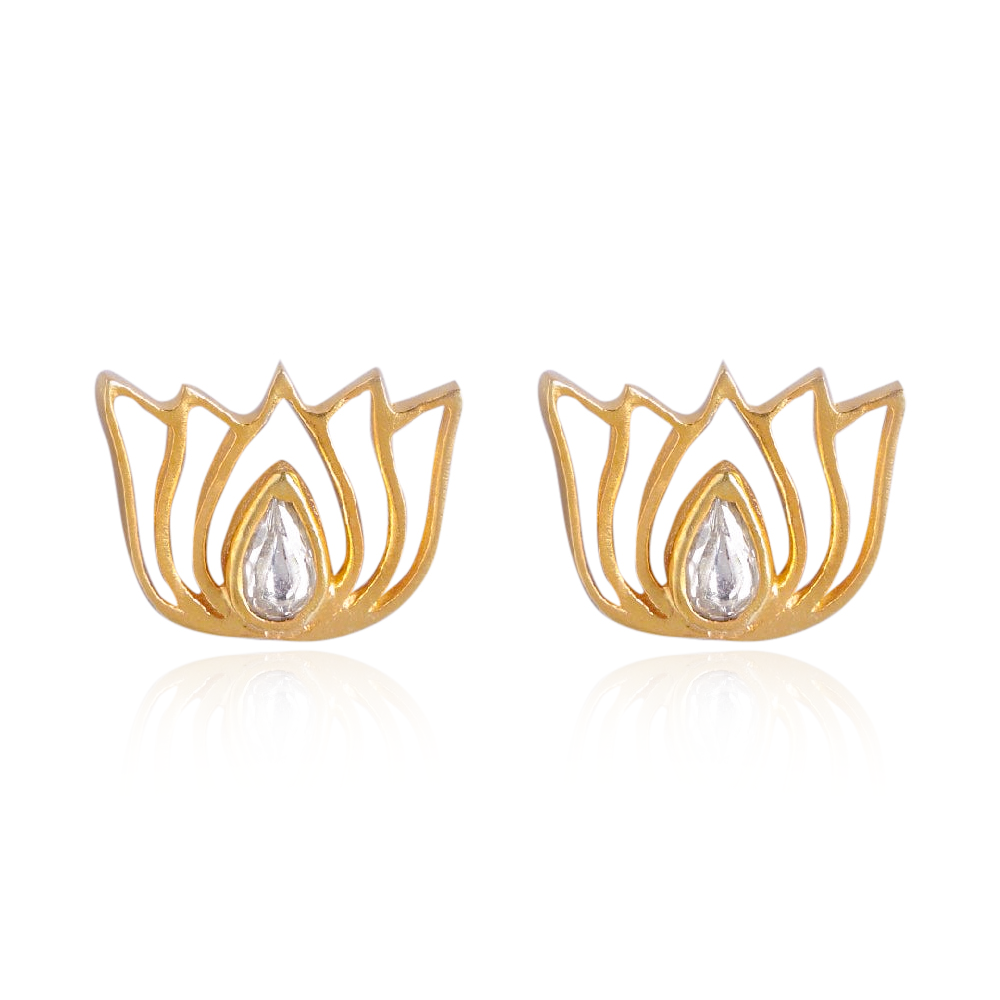 92.5 Silver White Kundan Sacred Lotus Stud Earrings