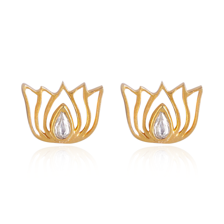 92.5 Silver White Kundan Sacred Lotus Stud Earrings