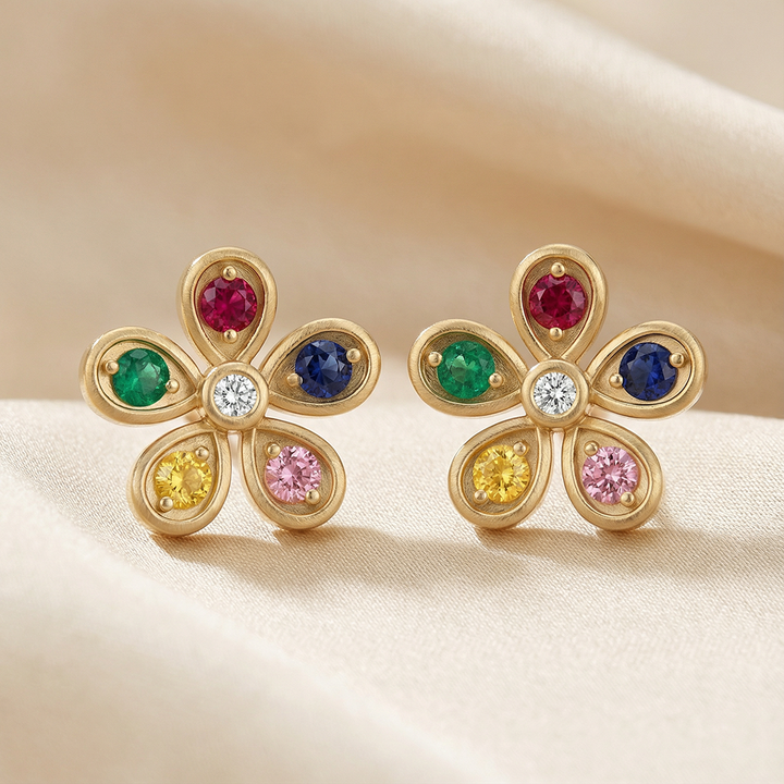 Silver Multi Gem Floral Stud Earrings