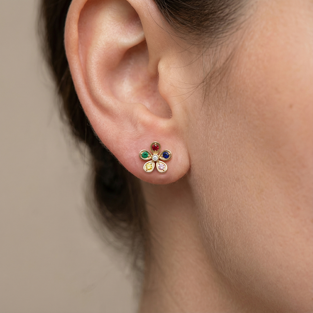 Silver Multi Gem Floral Stud Earrings