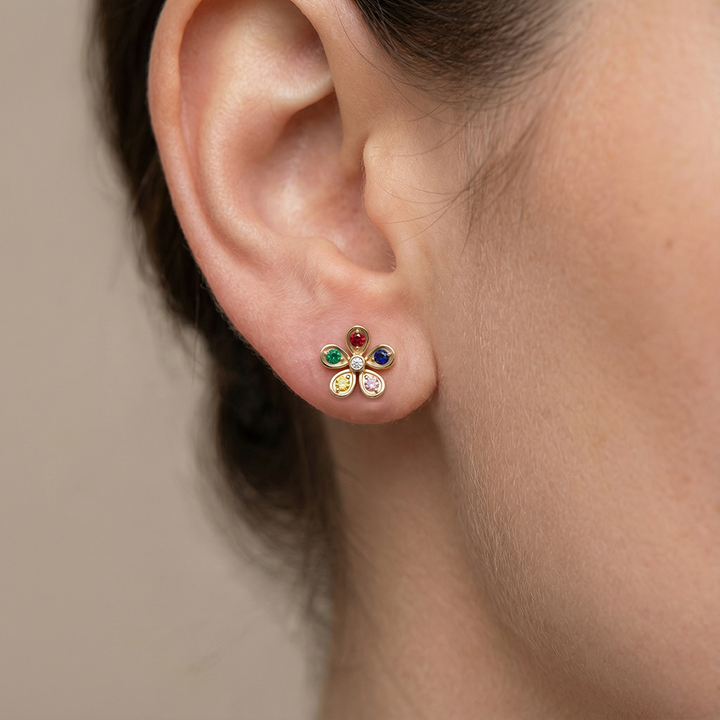 Silver Multi Gem Floral Stud Earrings