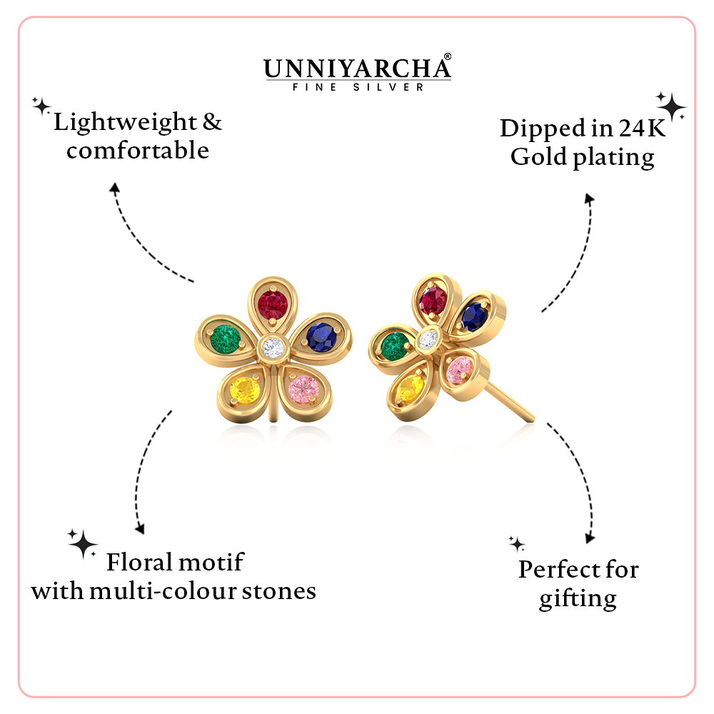 Silver Multi Gem Floral Stud Earrings